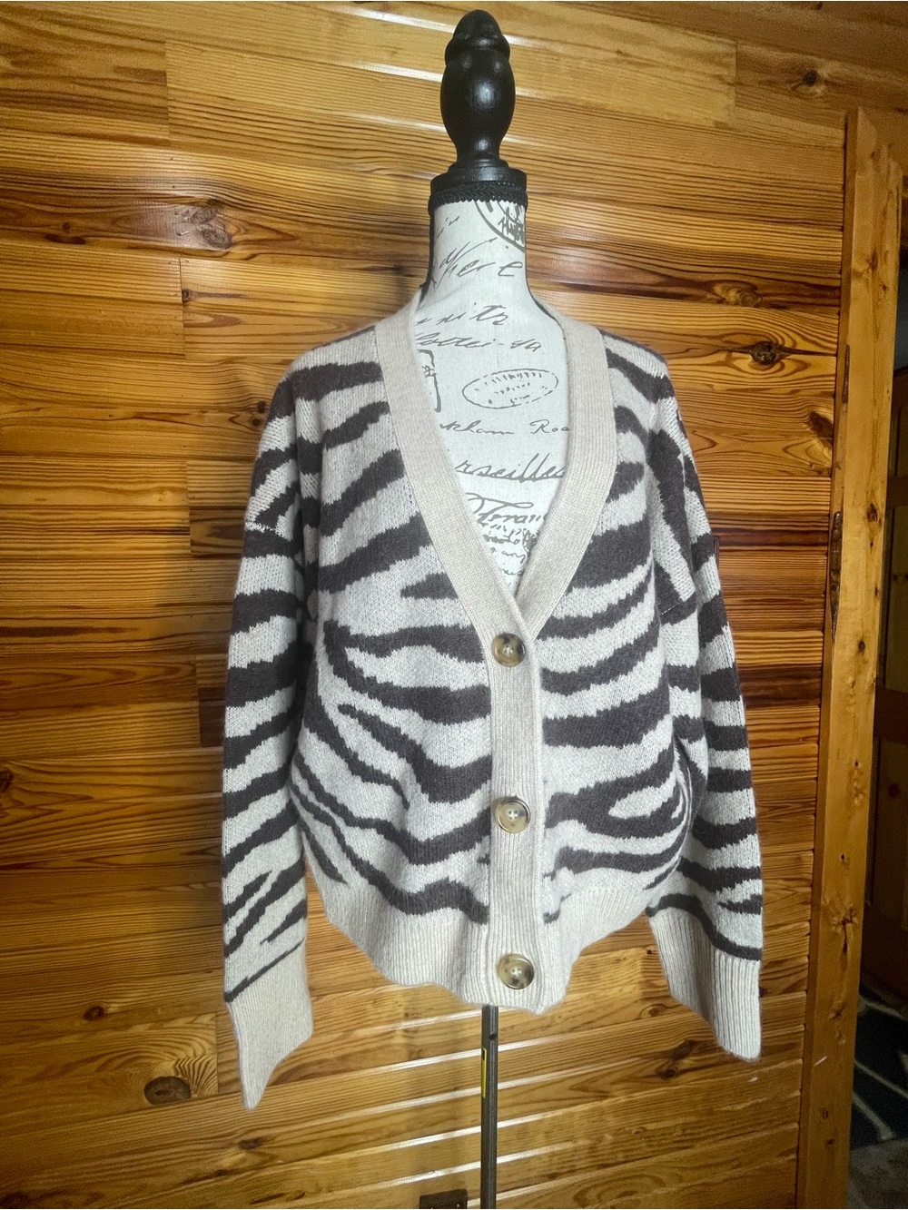 J. Crew Zebra-Print V-Neck Button Cardigan - Cream & Dark Brown